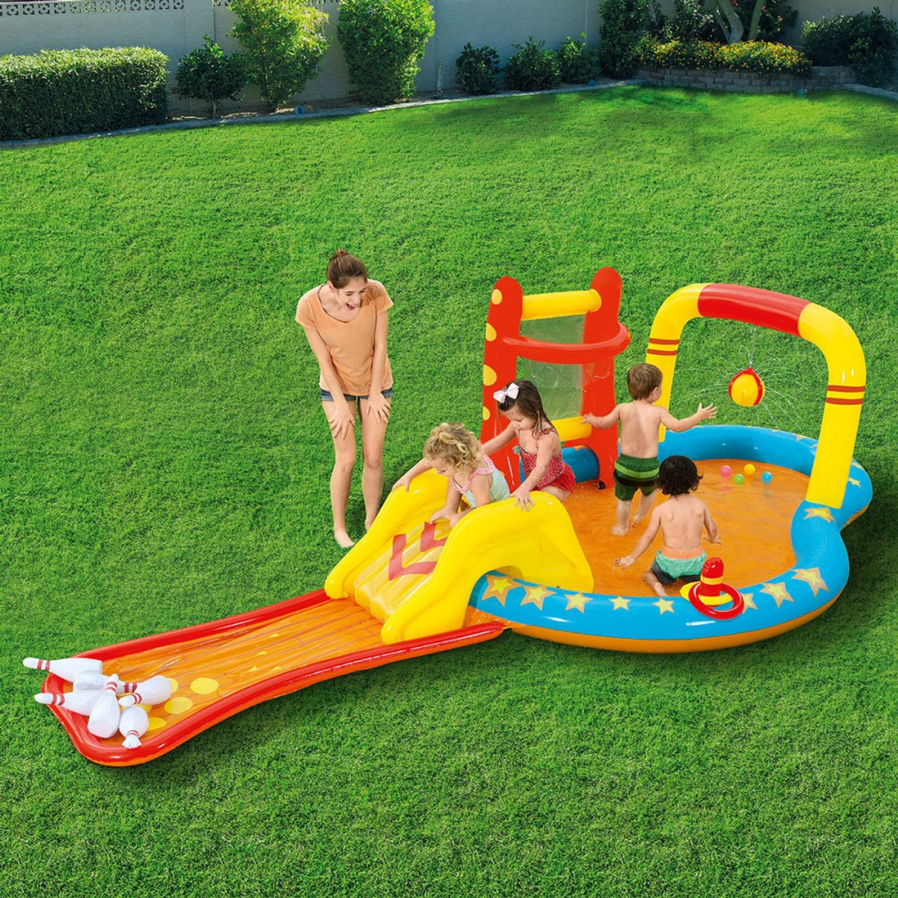 Bestway Champ Paddling Pool Play Centre With Slide, Inflatable Bowling Pins, Basket Ball Stand & Play Balls