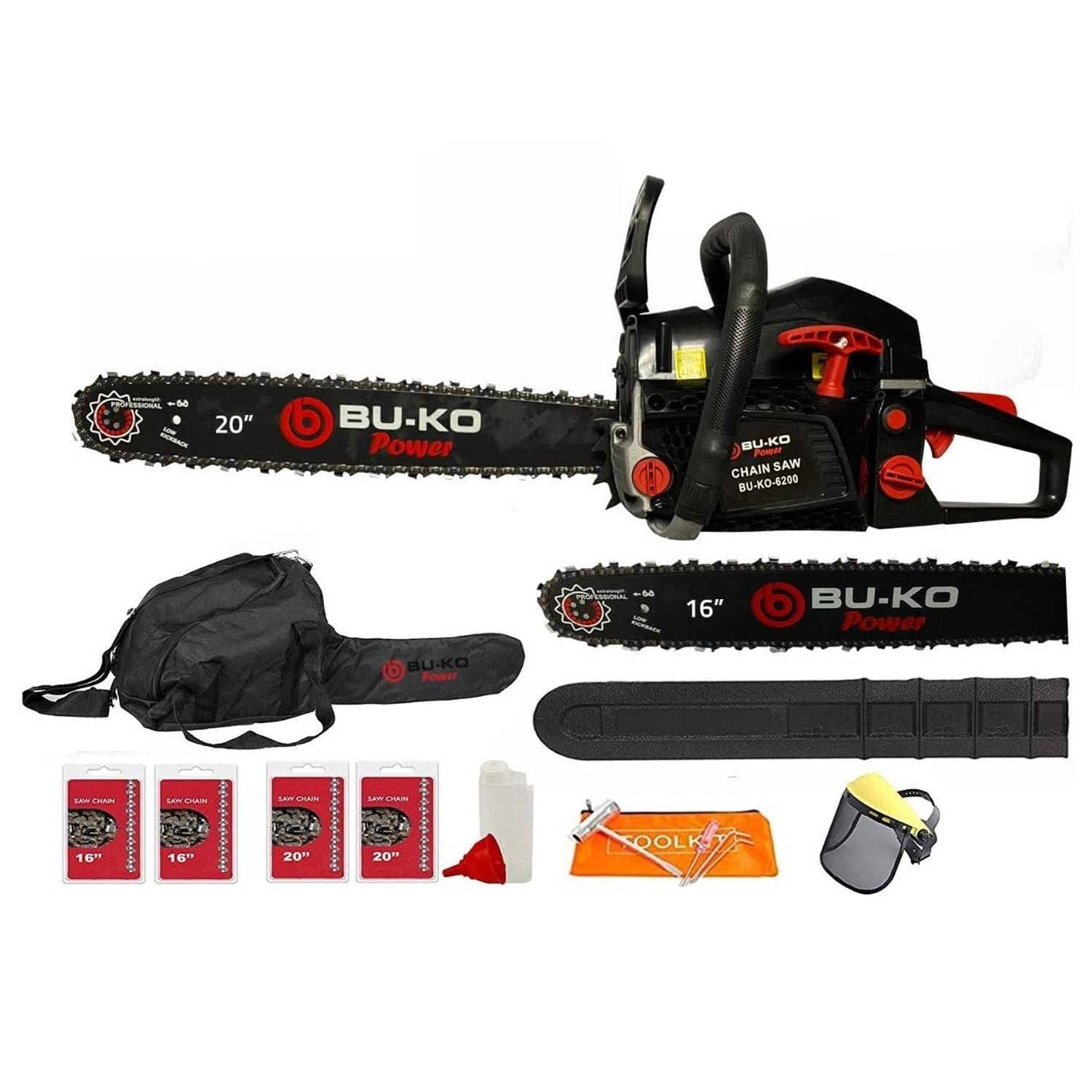 BU-KO 65cc Petrol Chainsaw 3.4HP With 20″ Bar & 2 x Chains + 16″ Bar & 2 x Chains